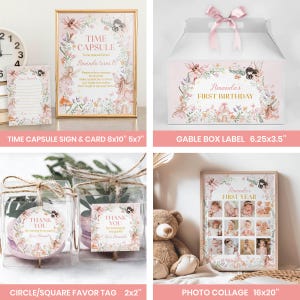 May include: A collection of party supplies with a fairy theme. Includes a framed sign, a gable box label, favor tags, and a photo collage. The items feature floral and fairy illustrations with the text "Time Capsule" and "Amanda's First Birthday".