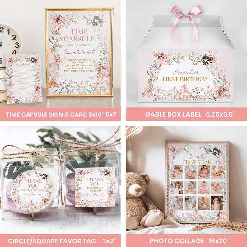May include: A collection of party supplies with a fairy theme. Includes a framed sign, a gable box label, favor tags, and a photo collage. The items feature floral and fairy illustrations with the text "Time Capsule" and "Amanda's First Birthday".