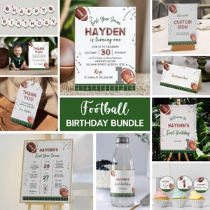 Editable First Year Down Football Birthday Invitation Bundle, Sports Boy 1st Birthday Party Package, Printable Template. F016