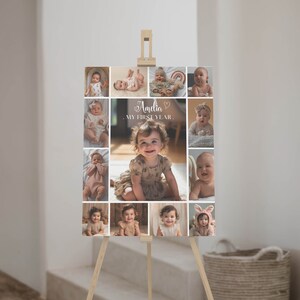 May include: A collage of photos of a baby girl, with the text "Amelia. My First Year." in the center. The photos are arranged in a grid pattern, with a white background.