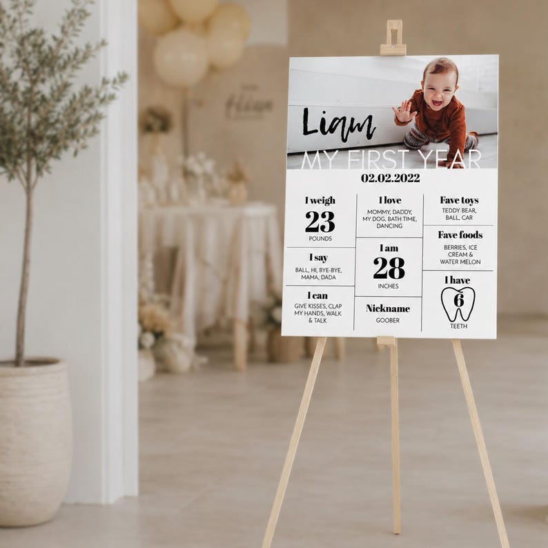 May include: A white milestone birthday sign featuring a photograph of a baby named Liam. The text includes My First Year, the date 02.02.2022, and details such as 23 pounds, 28 inches, 6 teeth, nickname Goober, favourite toys, favourite foods, and milestones.