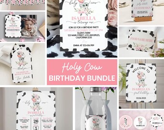 Holy Cow Birthday Bundle Girl, Farm Animal 1st Birthday Decor, Cow Print Party Kit, Editable Pink Baby Shower Decorations Printable. C004