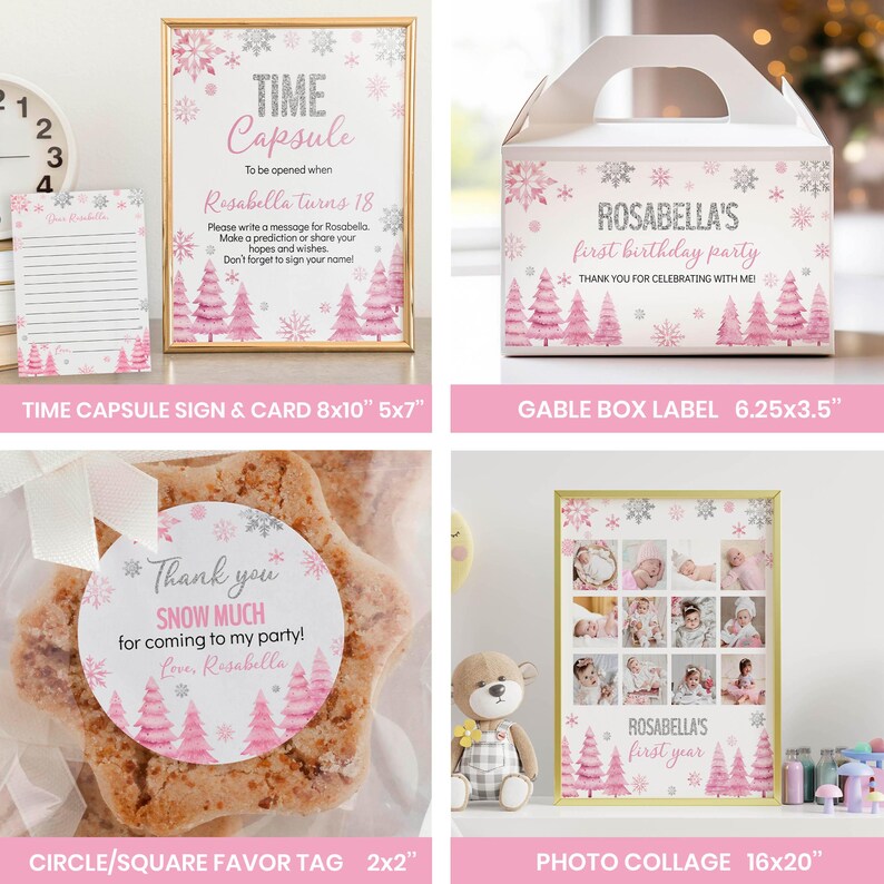 May include: A party stationery set featuring a Time Capsule sign and card, a gable box label, a circle favour tag on a cookie, and a photo collage. All items feature pink watercolour pine trees, silver snowflakes, and the name Rosabella.