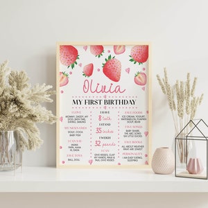 May include: A framed personalized first birthday milestone sign featuring a strawberry theme with pink and red illustrations. The text includes the name Olivia, My First Birthday, and lists developmental milestones with 8 teeth, 35 inches, and 32 pounds.