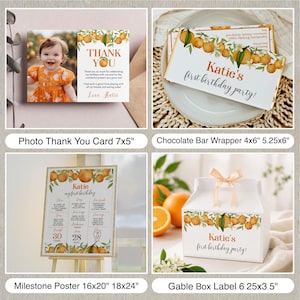 May include: A collection of first birthday party stationery featuring orange and citrus branch illustrations. Includes a 7x5 inch photo thank you card, a 4x6 inch chocolate bar wrapper, an 18x24 inch milestone poster, and a 6.25x3.5 inch gable box label.