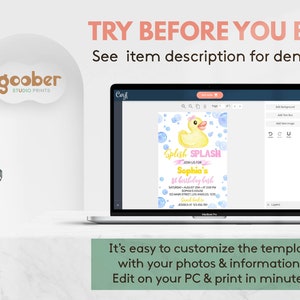 May include: A laptop screen displaying a customizable digital invitation template featuring a yellow rubber duck and blue bubbles. The text reads TRY BEFORE YOU BUY! See item description for demo link and It's easy to customize the template with your photos & information. Edit on your PC & print in minutes.