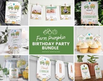 Editable Tractor 1st Birthday Invitation Bundle, Farm Birthday Invitation Kit, Pumpkin 1st Birthday Party Package, Printable Template. F008