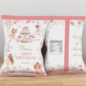 Fee Geburtstag Chip Taschen, Fee erste Geburtstag Chip Tasche Vorlage, Wildblumen Fee Chip Tasche bearbeitbare Vorlage, Sofort Download. F021