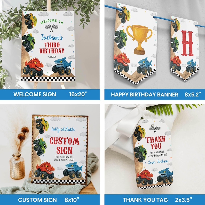 Editable Monster Truck Birthday Invitation Bundle, Monster Trucks Birthday Party Decorations, Any Age Birthday Package, Printable. M012 image 4