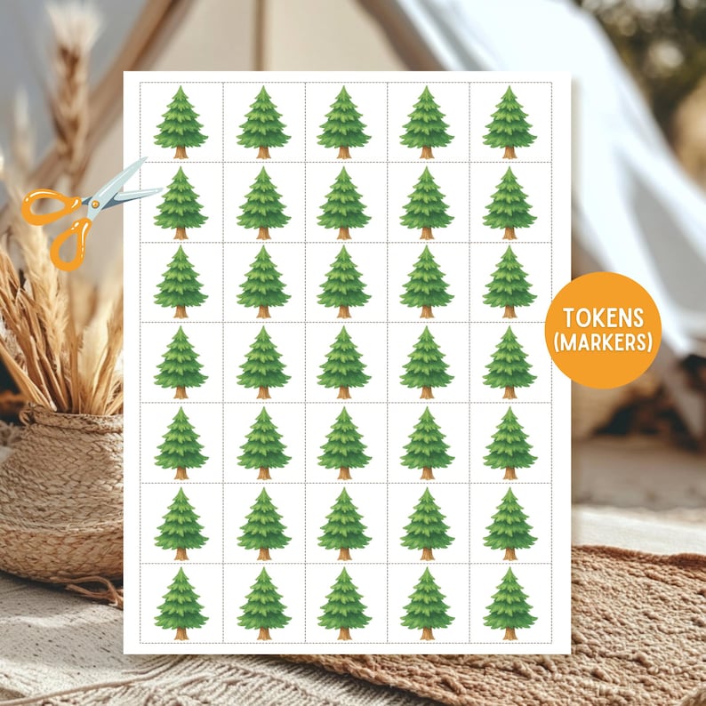 May include: A sheet of paper with 30 green Christmas tree tokens, labeled "TOKENS (MARKERS)". A pair of scissors is placed next to the paper. The tokens are arranged in a grid pattern.