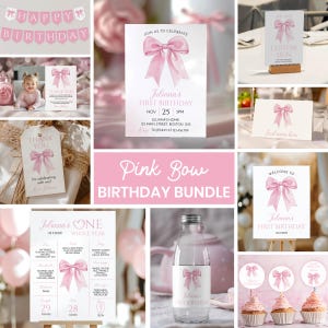 Pink Bow 1st Birthday Invitation Kit, Girls Just Wanna Be One Birthday Bundle, Vintage Coquette Pink Birthday Party Decor Package, Printable