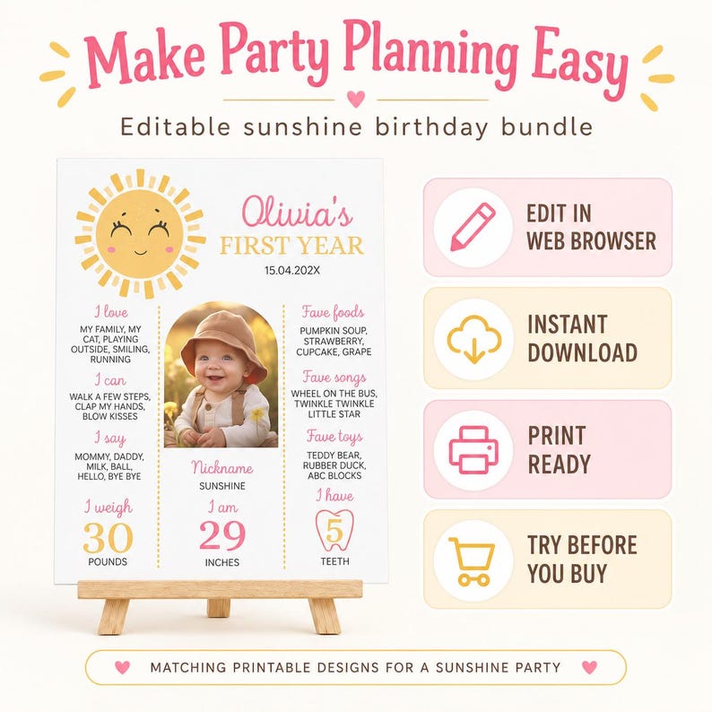 Puede incluir: Un tablero de cumplea&ntilde;os editable con un gr&aacute;fico de sol sonriente, una foto de un ni&ntilde;o con sombrero y texto que detalla los hitos del primer a&ntilde;o, peso, altura, gustos y varios iconos para editar el dise&ntilde;o en un navegador web.