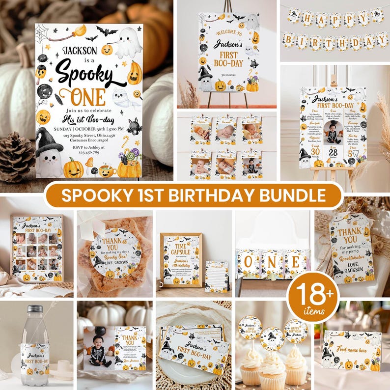 Editable Halloween 1st Birthday Party Decor Kit, Spooky One Birthday Invitation Bundle, Little Boo Birthday Package Instant Download