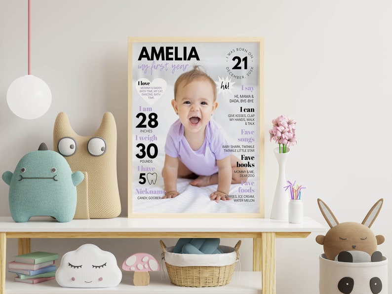 May include: A personalized first birthday poster for a baby girl named Amelia. The poster features a photo of the baby, her age, height, weight, and other milestones. The poster is decorated with a purple and white color scheme.