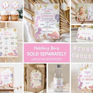 May include: A collection of dinosaur-themed birthday party stationery featuring pastel illustrations of dinosaurs, rainbows, and suns. Items include a birthday invitation, milestone board, thank you card, food tent, banner, custom sign, gift tag, and water bottle label.