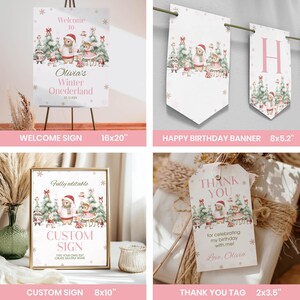 May include: A collection of winter-themed party stationery featuring watercolor illustrations of woodland animals in festive attire. Includes a 16x20 inch welcome sign, an 8x5.2 inch banner, an 8x10 inch custom sign, and a 2x3.5 inch thank you tag.
