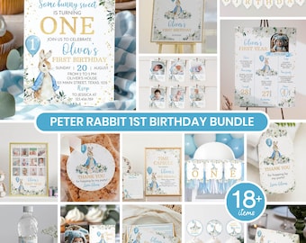 Classic Rabbit Birthday Invitation Bundle, Vintage Bunny 1st Birthday Party Kit, Some Bunny Is One Decor Package, Printable Template.