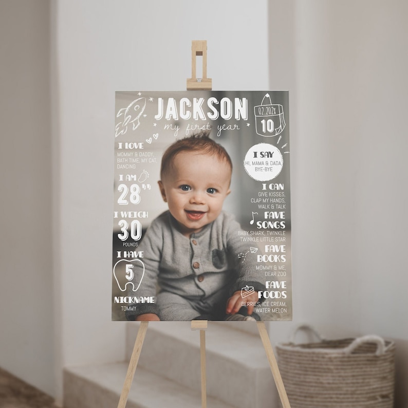 May include: A personalised first birthday milestone poster for a baby boy called Jackson. The poster features a photo of the baby, along with details about his first year, including his height, weight, favourite foods, and songs. The poster is decorated with a rocket ship and stars.