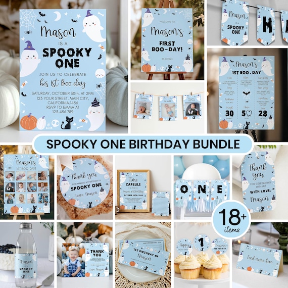 Editable Spooky One Birthday Invitation Bundle, Halloween 1st Birthday Party Decor Kit, Little Boo Birthday Package Instant Download. HA01