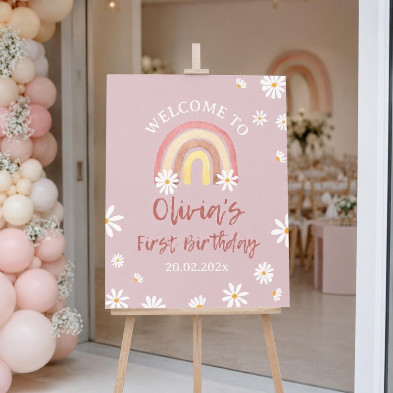 EDITABLE Daisy Welcome Sign, Boho Rainbow 1st Birthday Decor, Daisy 1st Birthday Party Sign, Retro Daisy Sign, Printable Template. D004 image 1