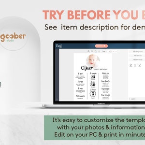 May include: A laptop displaying a customizable first birthday milestone board template with a baby photo, text fields for weight, height, and tooth count, and the text TRY BEFORE YOU BUY! See item description for demo link and It's easy to customize.