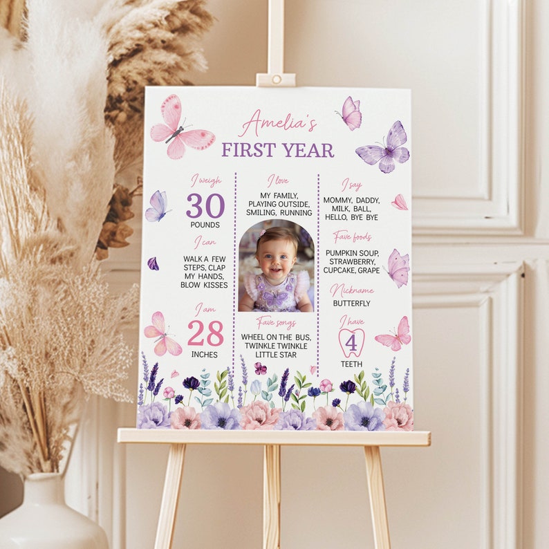 Puede incluir: Un cartel de hitos del primer cumplea&ntilde;os de color rosa y morado con una foto de una ni&ntilde;a. El cartel incluye detalles sobre el peso, la altura, los alimentos favoritos, las canciones y las palabras de la ni&ntilde;a. El cartel est&aacute; decorado con mariposas y flores.