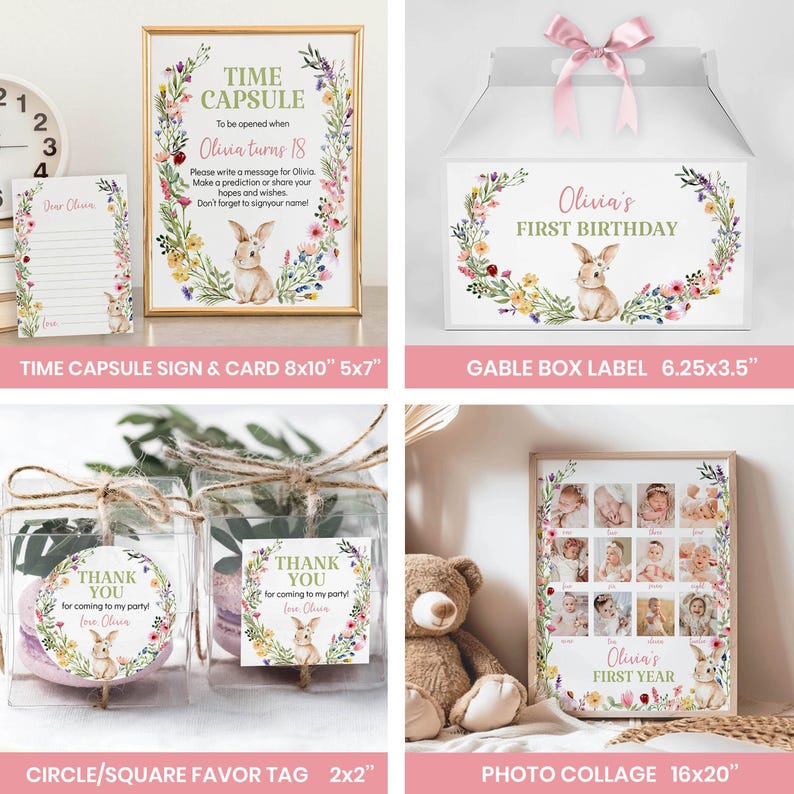 Some Bunny Is One Invitation Bundle | Bunny First Birthday Party Decor | Floral Wildflower Girl 1st Birthday Templates | B023 image 7