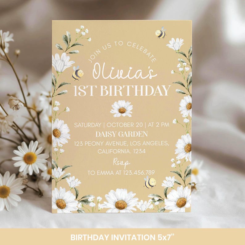 Editable Daisy 1st Birthday Invitation, Boho Wildflower Party Decor, Retro Bee Birthday Bundle. D005 image 3
