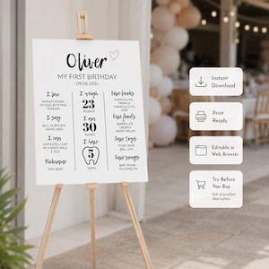 May include: A white birthday milestone sign on a wooden easel featuring the text Oliver My First Birthday, 09.06.202x, and lists of personal facts including weight of 23 pounds, height of 30 inches, and 5 teeth, with a small heart icon.