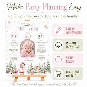 May include: A winter-themed birthday milestone board featuring a photo of a baby in a pink hat, surrounded by woodland animals, snowflakes, and text detailing first-year stats like 29 pounds and 27 inches, with buttons for editing and downloading.