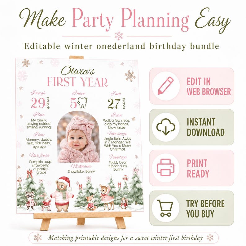 May include: A winter-themed birthday milestone board featuring a photo of a baby in a pink hat, surrounded by woodland animals, snowflakes, and text detailing first-year stats like 29 pounds and 27 inches, with buttons for editing and downloading.