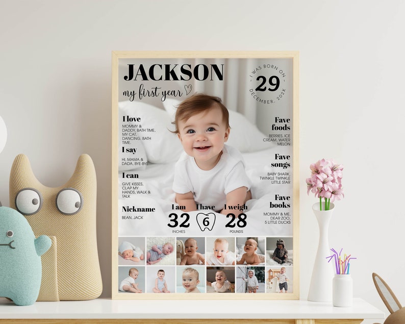 May include: A personalized first year milestone poster for a baby boy named Jackson. The poster features a collage of photos, a list of the baby's favorite things, and his height and weight at one year old. The poster is decorated with a heart and a cute baby illustration.