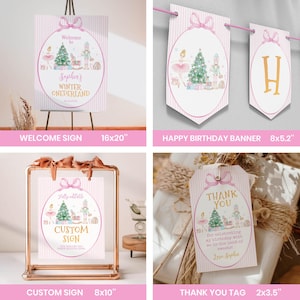 Puede incluir: Un conjunto de decoraciones para fiestas con tem&aacute;tica de invierno. Incluye un letrero de bienvenida (40,6x50,8 cm), una pancarta de feliz cumplea&ntilde;os (20,3x13,2 cm), un letrero personalizado (20,3x25,4 cm) y etiquetas de agradecimiento (5,1x8,9 cm). Cada art&iacute;culo tiene un fondo a rayas rosas y blancas.