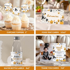 May include: A collection of Halloween-themed party supplies including three round cupcake toppers, a rectangular food tent card, a water bottle label, and a thank you card. Each item features illustrations of ghosts, pumpkins, and bats with text.