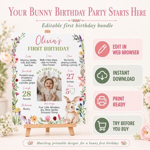 Some Bunny Is One Invitation Bundle | Bunny First Birthday Party Decor | Floral Wildflower Girl 1st Birthday Templates | B023 image 2