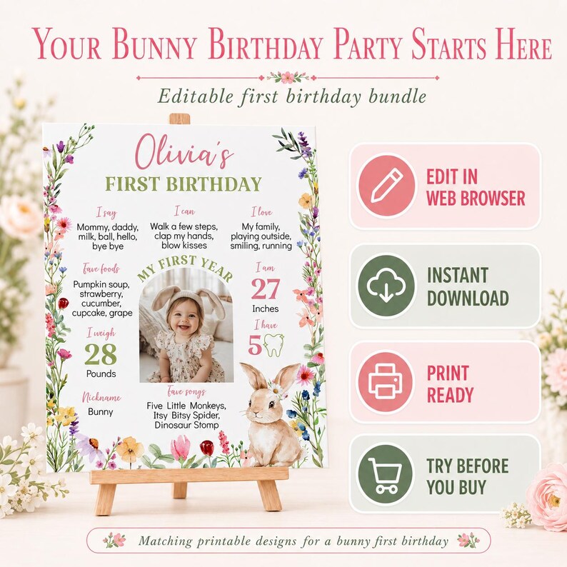 Some Bunny Is One Invitation Bundle | Bunny First Birthday Party Decor | Floral Wildflower Girl 1st Birthday Templates | B023 image 2