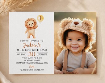 EDITIERBARE Wild One Geburtstags-Fotoeinladung, Lion 1st Geburtstag einladen, 1. Geburtstag Junge Einladung, 1. Geburtstag Einladung, Printable. L006