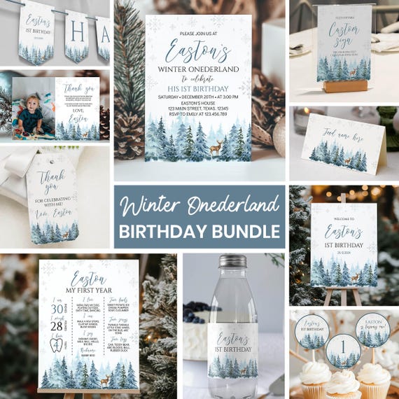 Winter Onederland Invitation Bundle, Winter 1st Birthday Decor Kit, Winter Woodland Deer Birthday Party Package, Instant Download. W006