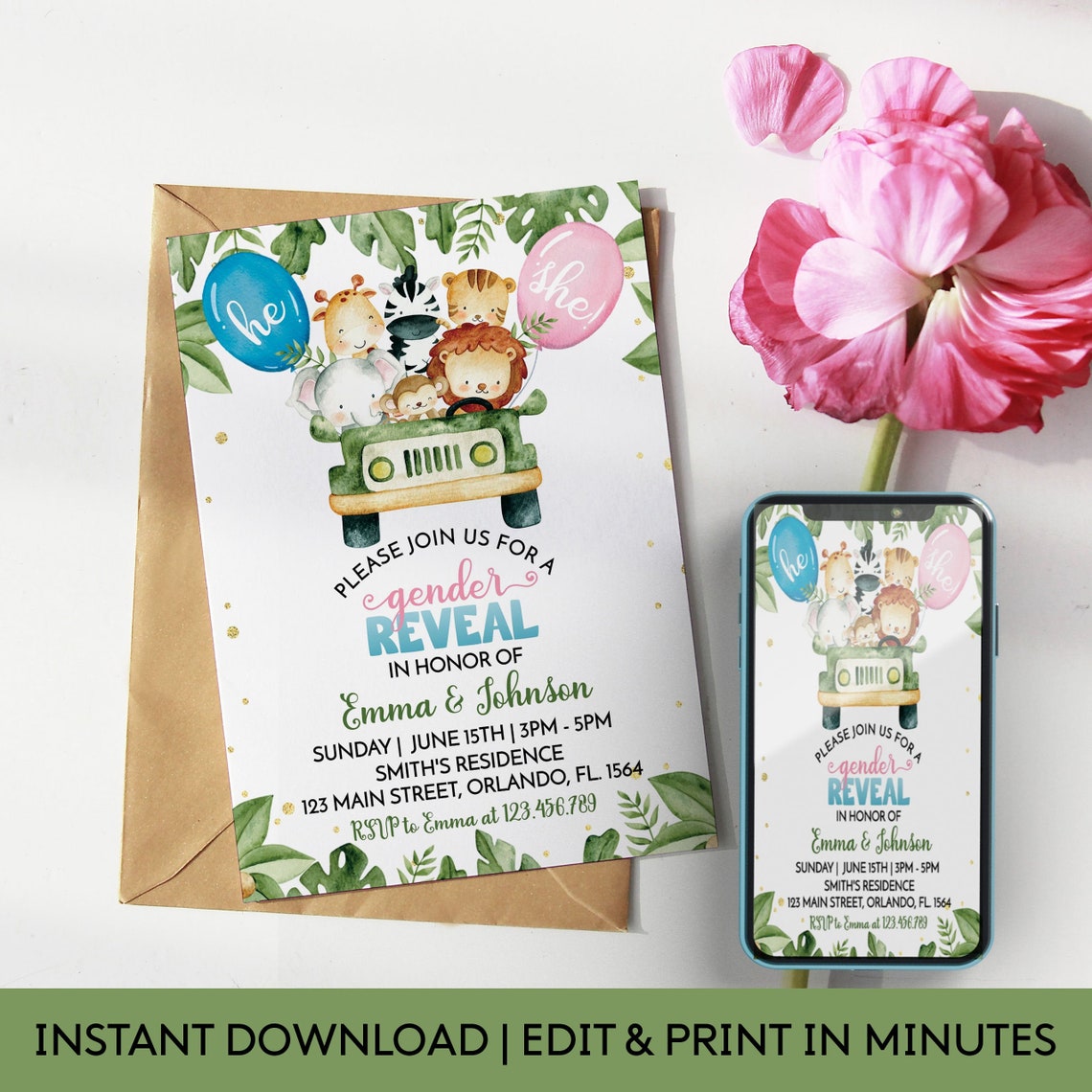 EDITABLE Safari Gender Reveal Invitation Virtual Gender Etsy UK