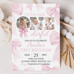 May include: Pink and white first birthday invitation featuring a photograph of a baby girl. The invitation reads "Little Miss One Derful" and includes the date, time, and location of the party.