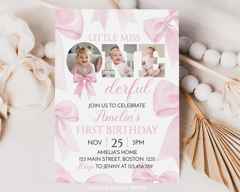 May include: Pink and white first birthday invitation featuring a photograph of a baby girl. The invitation reads "Little Miss One Derful" and includes the date, time, and location of the party.