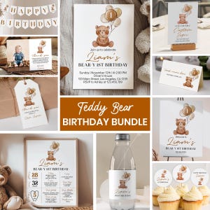 Editable Beary First Birthday Invitation Bundle, Teddy Bear Theme Birthday Invite Kit, Neutral Birthday Party Package, Instant Download T004