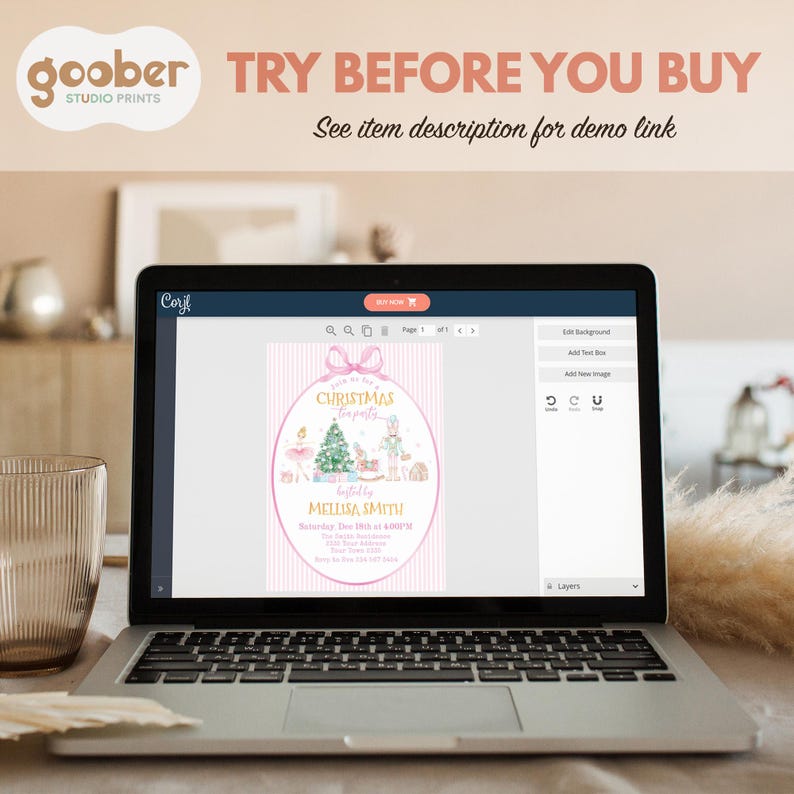 May include: A laptop displaying a digital Christmas tea party invitation template on a screen. The invitation features a pink striped background, a central oval frame, a ballerina, a nutcracker, a Christmas tree, and customizable text.