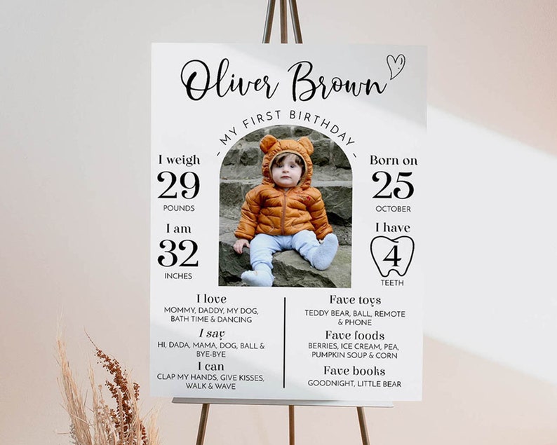 EDITABLE First Birthday Milestone Sign, Modern 1st Birthday Milestone Poster, One Year Of Baby Photo Milestone Board, Instant Download. M004 image 2