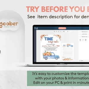 May include: A laptop screen displaying a customizable time capsule template featuring a blue truck, pumpkins, and floral graphics. The text reads TIME CAPSULE TO BE OPENED WHEN Jackson Turns 18 in 2040. The interface includes editing tools and a demo link.