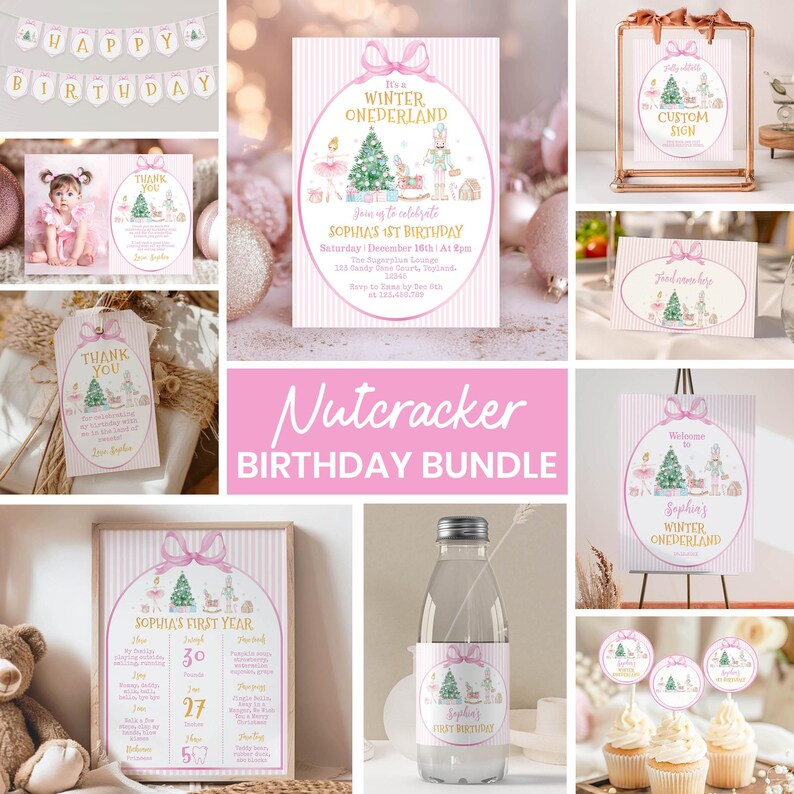 Winter Onederland Invitation Bundle, Girl 1st Birthday Decor Kit, Nutcracker Birthday Party Package, Instant Download