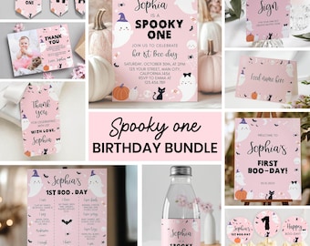編集可能な不気味な1歳の誕生日招待状セット、ハロウィン1歳の誕生日パーティーデコレーションキット、女の子向けリトルブーバースデーセット、即時ダウンロード。HA01