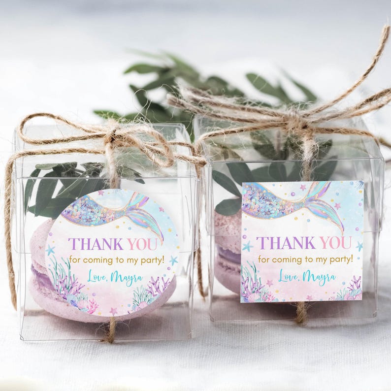 May include: Two clear favor boxes with a mermaid tail design and the text "Thank you for coming to my party! Love, Mayra" on each box. The boxes are tied with twine and contain a pink and white macaron.
