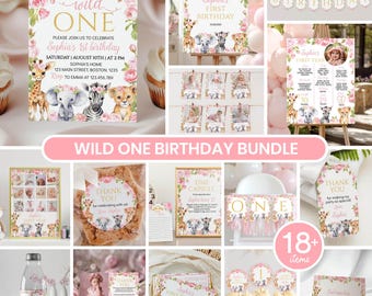 Editable Safari Animal Birthday Party Decor Kit, Wild One Girl 1st Birthday Invitation Bundle, Printable Template. A006