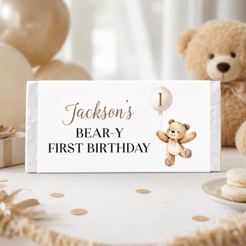 EDITABLE Bear Birthday Chocolate Wrapper, Beary 1st Birthday Candy Bar Wrapper, Teddy bear Birthday, Printable Template. B022 image 1